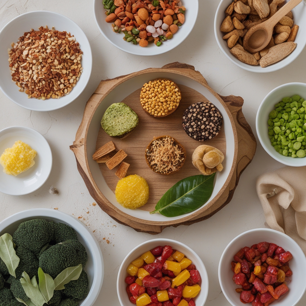 Variasi makanan kaya nutrisi alami tersusun di atas meja kayu termasuk alpukat belah dua, kacang-kacangan campur, biji labu, dan sayuran hijau segar